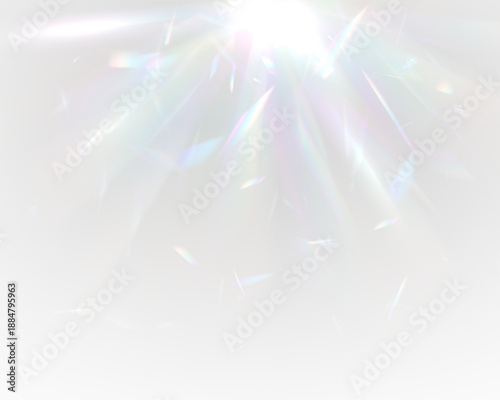 Diamond rainbow prism refracts neon light through crystal glass glitter. PNG vector lens captures flare, sparkle, bokeh, glare effect. Prism highlights create radiant holographic magic.