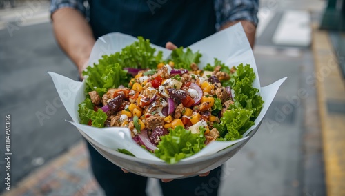 Fresh Salad Served by a Person Wearing an Apron in a Bright Kitchen Setting D...