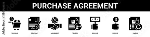 Purchase Agreement web banner icon set collection solid style.