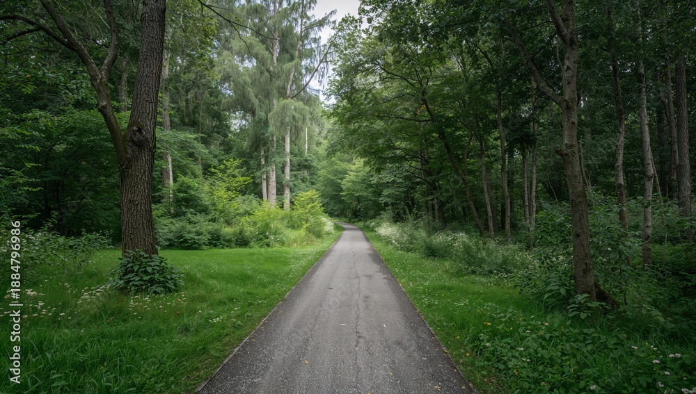 Fototapeta premium Path Through a Green Forest in a Quiet Area During a Cloudy Day