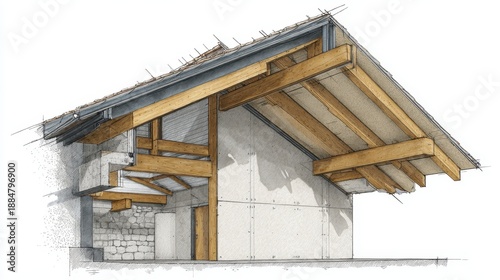 Architectural cutaway sketch showing partial interior and exterior structure with roof trusses, timber beams, insulation, cladding, stone wall and concrete foundation plan