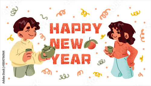 Kawaii style illustration of two characters sharing tea with festive decorative elements, inspired by Lunar New Year traditions, family reunion and holiday celebration.