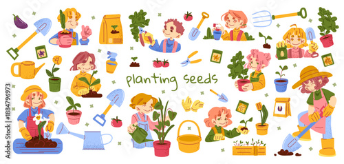 Gardening character collection showing seed planting, seedlings, soil and garden tools in a kawaii flat cartoon style, suitable for educational and seasonal gardening projects.