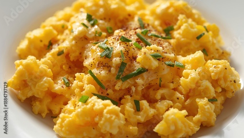 Creamy Scrambled Eggs Prepared With Herbs on a White Plate in a Kitchen Setti...
