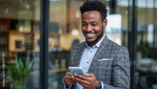 Man Looks at Smartphone While Standing by Window in Modern Office During Daytime