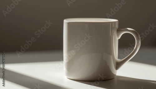 White Mug Stands on Table as Sunlight Creates Shadows in the Morning