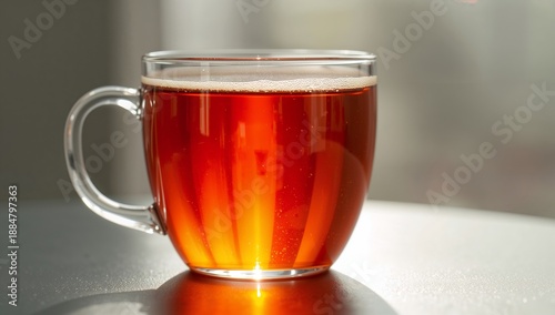 Warm Cup of Tea Placed on a Table With Sunlight Streaming Through the Window