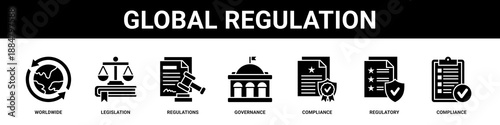 Global Regulation web banner icon set collection solid style.