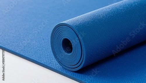 Blue Yoga Mat Rolled up on a Light Surface Ready for Use During a Fitness Ses...