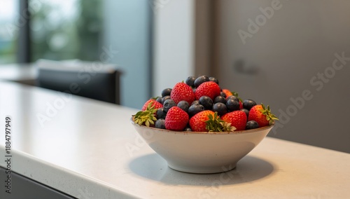 Bowl Filled With Strawberries and Blueberries Sits on a Kitchen Counter Durin...