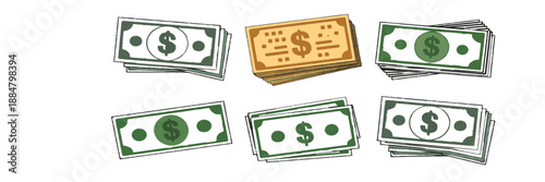 Stacks of money bills with dollar currency symbols including one highlighted gold paper note and several green banknotes representing wealth finance investment savings and banking prosperity