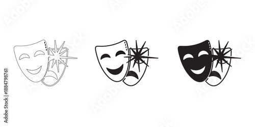Drama and Entertainment Icon – Comedy and Tragedy Theater Masks with Sparkling Star Symbols for Performing Arts