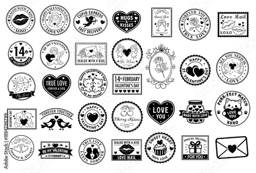 Vintage Valentine day Love Stamps and Romantic Badges labels Set for greeting cards, scrapbooking, wedding stationery, packaging, branding, stickers, and retro Valentine design projects.