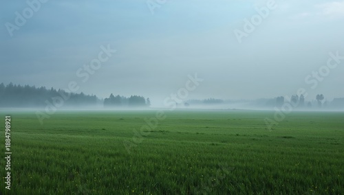 Fog Covers Green Fields Near Trees on a Quiet Morning in a Rural Area