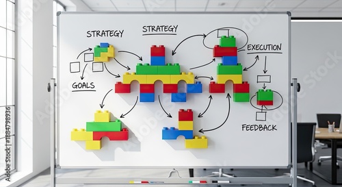 Strategic Planning Process Illustrated with Toy Blocks on Whiteboard, Goals, Execution, and Feedback