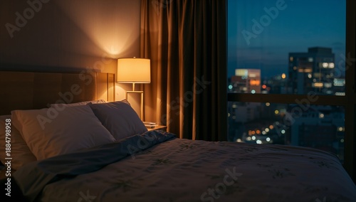 City Skyline View From a Hotel Room With a Bed and a Lamp at Night