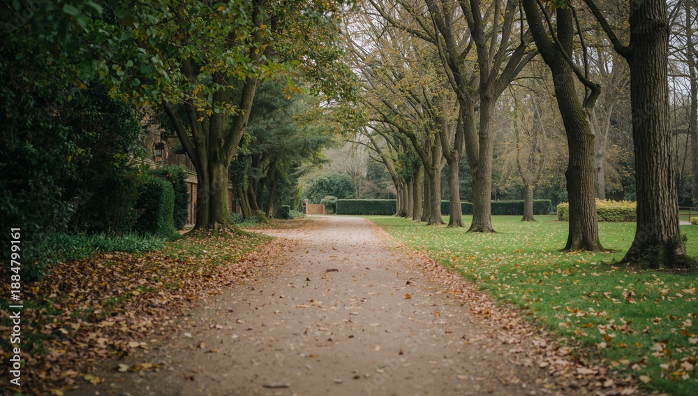 Obraz premium Path Through Trees With Fallen Leaves on a Cool Autumn Day at a Park