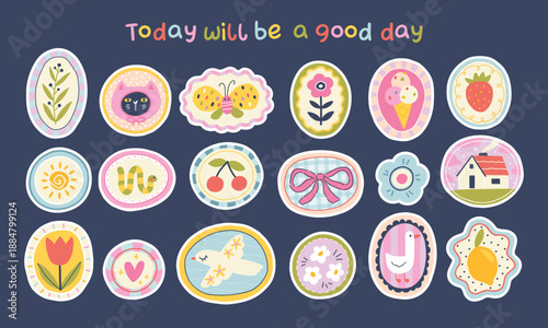 Set of cute vector stickers and hand-drawn patches on dark background. Minimalist doodle elements with positive quote for stylish stationery, textile, trendy packaging, fabric and modern design.