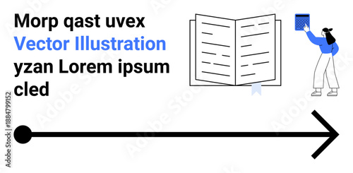 Education, literature, learning, progress, navigation, data organization. Open book, bold arrow notebook holder illustration. Education and literature concept