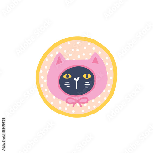 Cute vector icon of black cat in pink hood. Isolated hand-drawn character in naive ceramic style for nursery decor, childish branding, clay craft, funny stickers, textile and summer pet accessories.