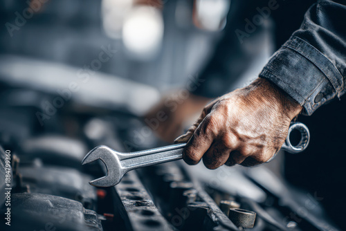 Experienced mechanic hand gripping wrench tool while repairing engine components in an auto workshop during routine maintenance tasks