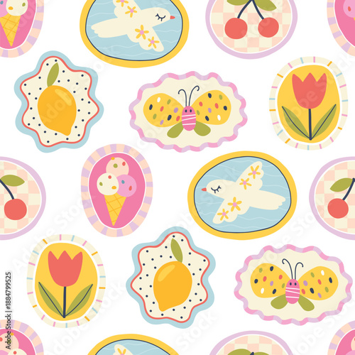 Seamless pattern with trendy summer vacation vibes. Modern naive doodle icons in bright pastel colors, cute oval frames with lemon ice cream and bird for stylish travel textiles or sunny beach fabric