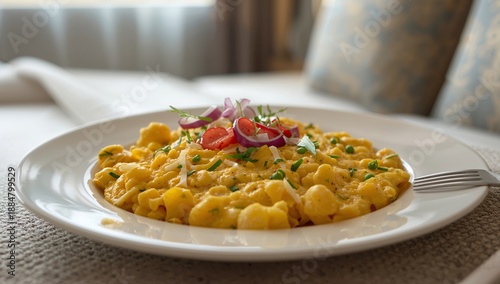 Plate of Macaroni With Cheese and Vegetables Served Indoors in a Cozy Setting...