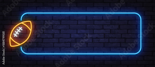 Neon American football symbol with glowing frame delivers a strong game atmosphere. Bold light design fits championship banners and event promotions.