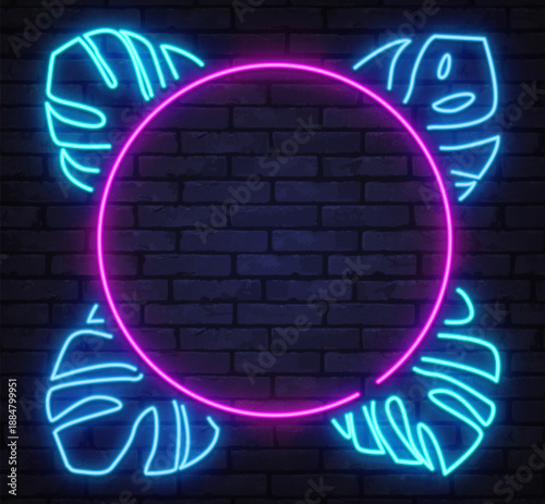 Neon circular frame with tropical leaves in blue and pink colors. Ideal for social media posts, summer branding, or party invitations.