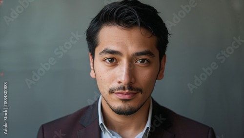 Man in Suit Poses for a Close-Up Photo Against a Neutral Background While Smi...