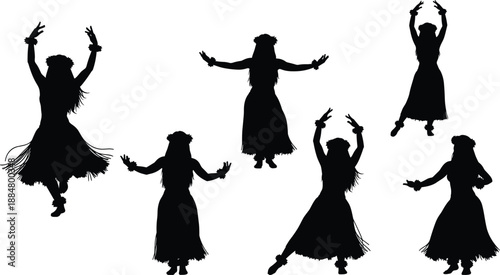 Silhouette hula dancers performing traditional Polynesian dance elegant movements, tropical costumes, and cultural expression, celebrating island heritage through graceful artistic poses choreography
