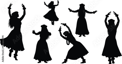 Silhouette hula dancers performing traditional Polynesian dance with graceful hand movements, flowing skirts, and lei accessories, celebrating Hawaiian culture in elegant artistic poses