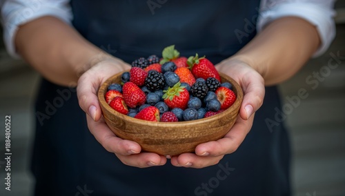 Hands Holding a Wooden Bowl Filled With Fresh Berries at a Market in Early Su...