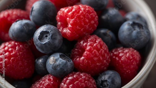 Fresh Berries in a Bowl With Red Raspberries and Blue Blueberries Ready to Ea...