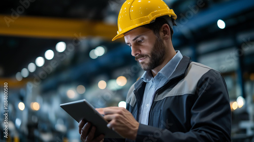 Faceless male engineer in hard hat using digital tablet inside factory, industrial worker supervising production at manufacturing plant, with copy space