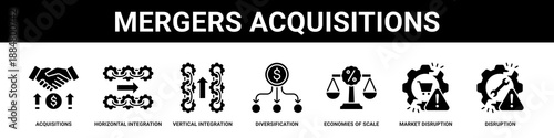 Mergers Acquisitions web banner icon set collection solid style.