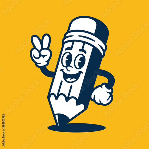 A cheerful blue and white pencil with a hat making a peace sign on an orange background