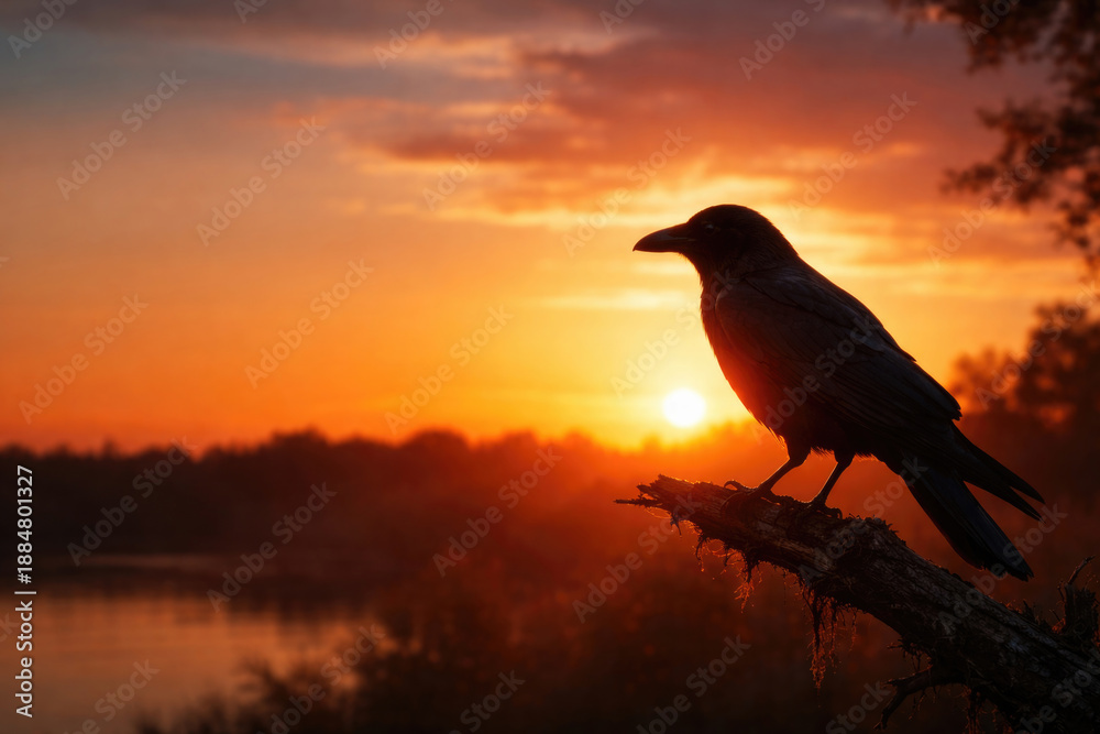 Fototapeta premium Raven on a branch against the background of the sunset. Space for text.