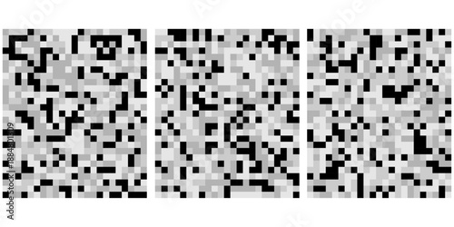 A close-up view of a grayscale pixelated texture reveals a chaotic pattern with varying shades of gray and black resembling digital noise, censorship texture and pixel abstract background.