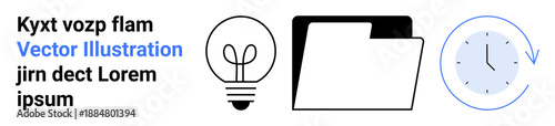 Creativity, productivity, time management, organization, innovation, planning. Minimalist light bulb, folder and clock. Creativity and productivity in work and project planning