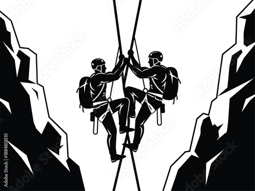 Two climbers high five on a rock face, celebrating their success together.