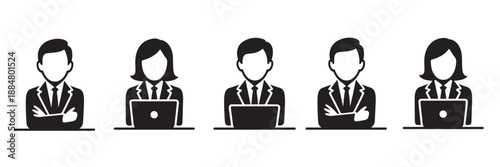 Corporate office staff avatars set featuring professional businessmen and businesswomen working on laptops and posing confidently representing teamwork leadership and modern workplace culture