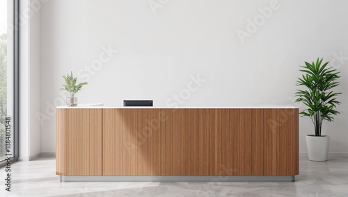 Modern Reception Desk Design in a Bright Office Space With Large Windows