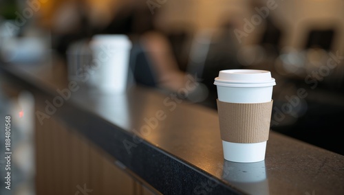 White Coffee Cup on a Clean Counter With Green Plant and Computer Screen in a...