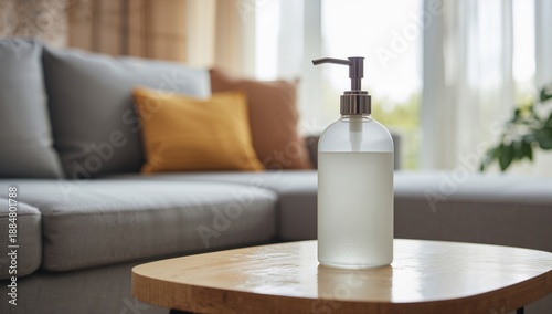 Clear Bottle on Wooden Table in Living Room With Sofa and Pillows During Daytime