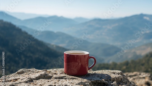 Coffee Cup Sits on a Rock While Mountains Rise in the Background During a Cle...