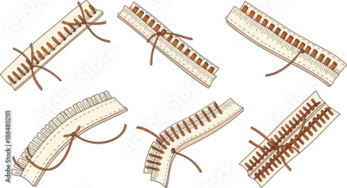 A diagram illustrates various methods of sewing and lacing a piece of fabric with a brown thread.