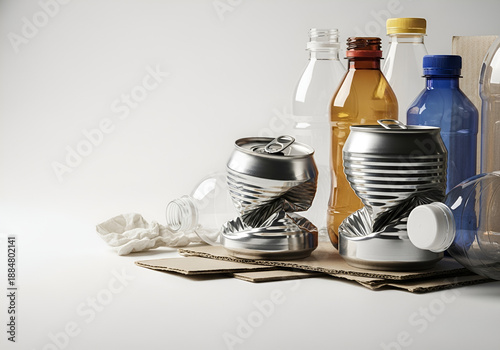 Recyclable Bottles, Crushed Aluminum Cans, Prepared for Recycling, Eco-Friendly Waste, Sustainable Material Collection Illustration