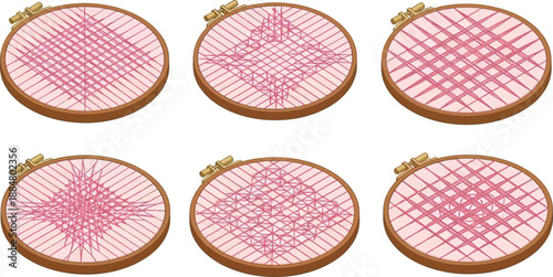 Six embroidery hoops display different patterns of pink thread stitched on white fabric.