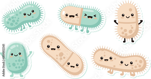 A group of cute, cartoon-style bacteria characters with happy faces and arms.